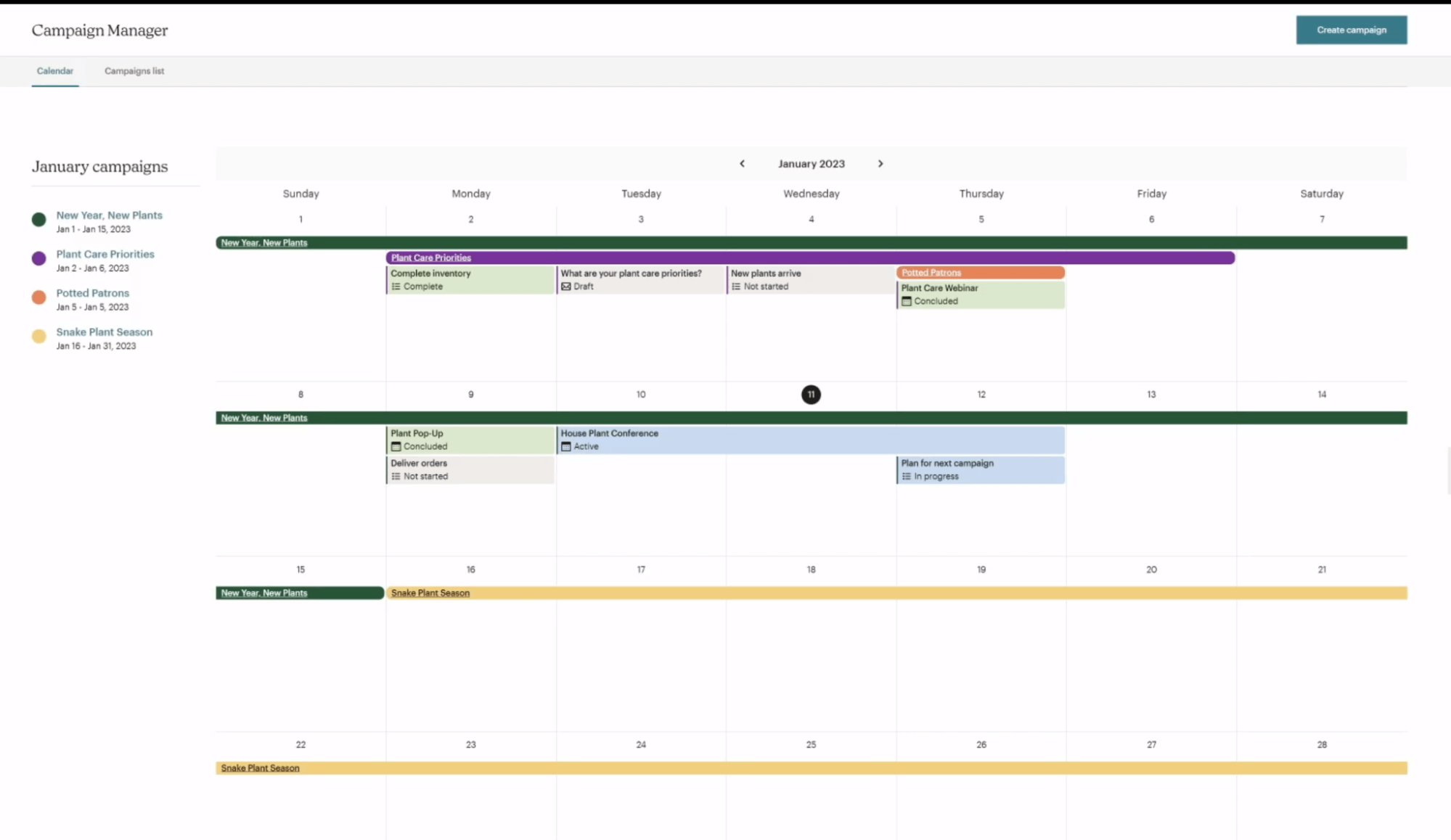 Marketing calendar inside Mailchimp