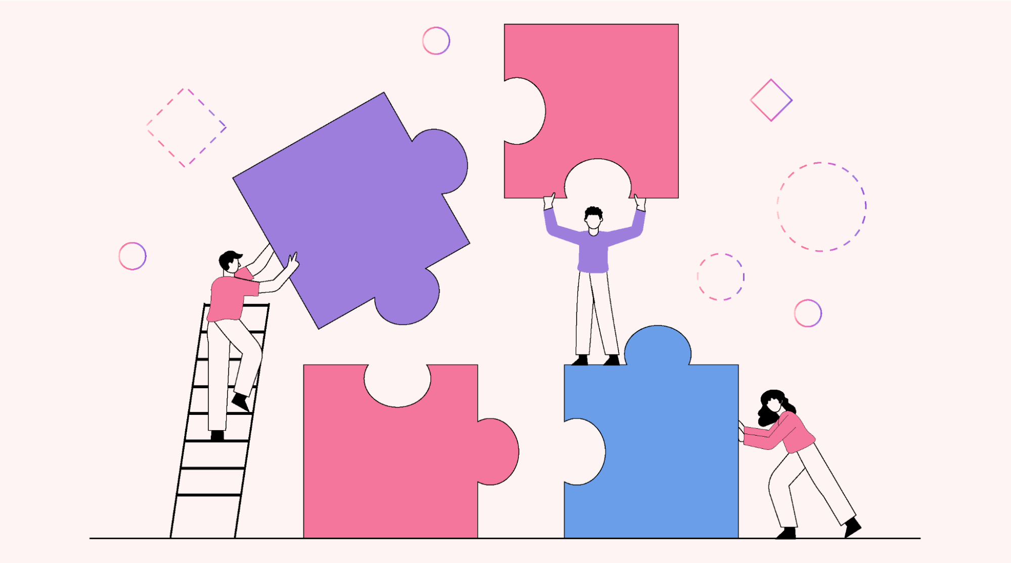 People working as a team to piece jigsaw puzzle pieces together