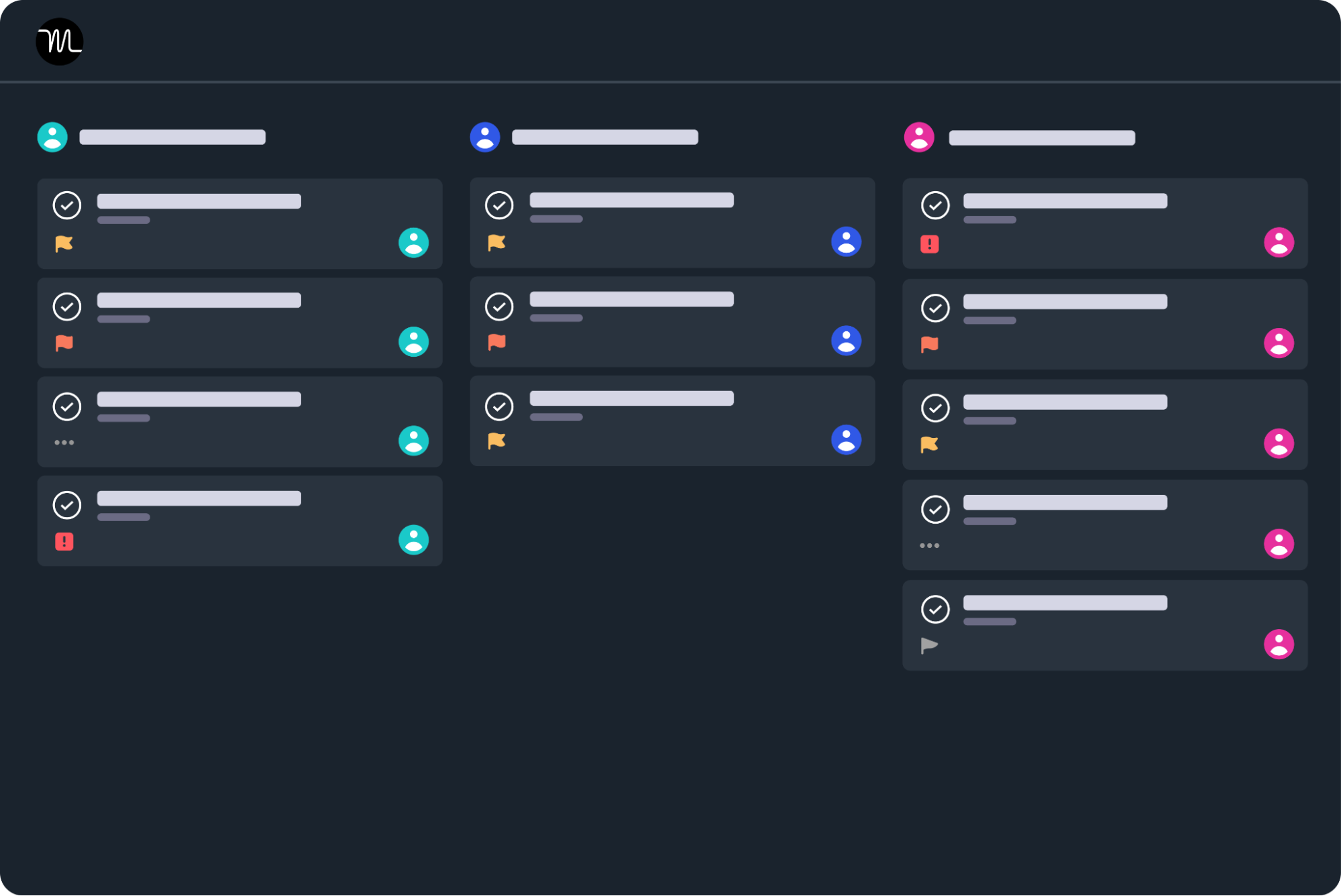 Three columns with tasks on a black project board
