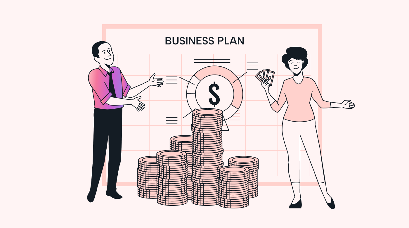 An investor hands a businessperson a bag of money for the business.