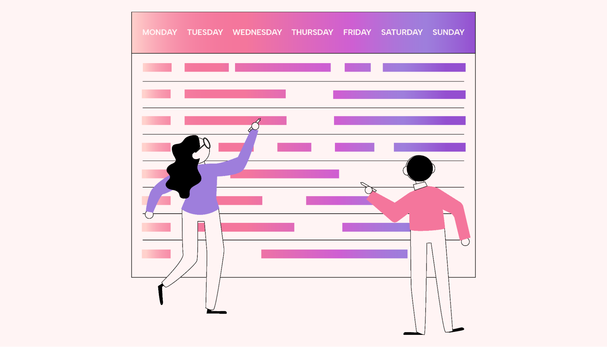 Two people looking at a calendar and timeline