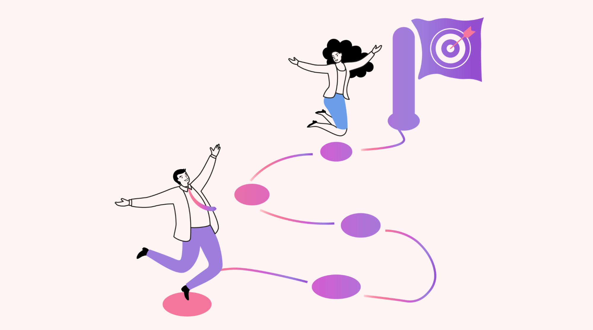 People jumping on milestones towards an end goal, symbolizing a strategic plan.