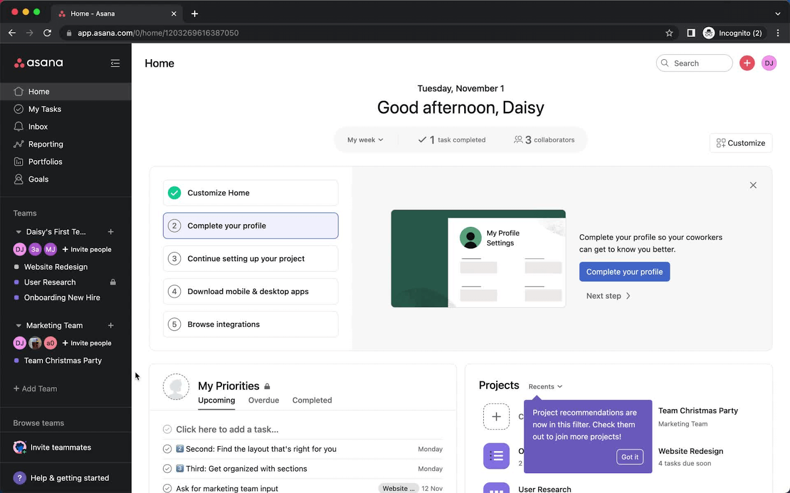 Asana dashboard interface