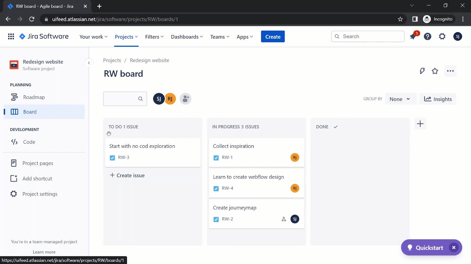 Jira dashboard interface