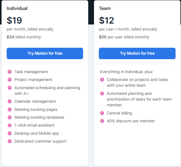 A breakdown of the two Motion plans, Individual and team, plus the features available for each.
