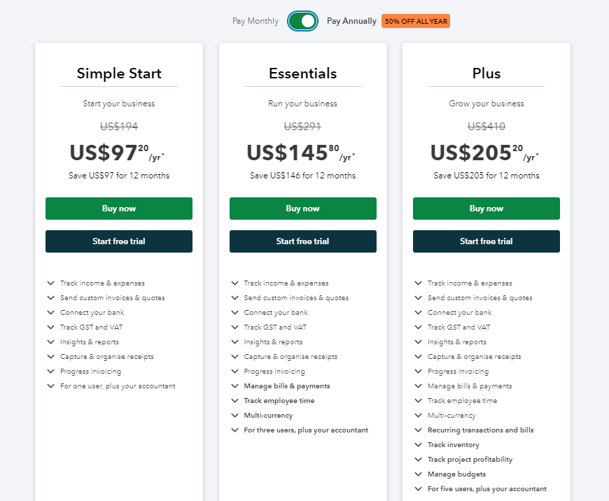 A summary of the three Quickbooks plans, Simple start, Essentials and Plus