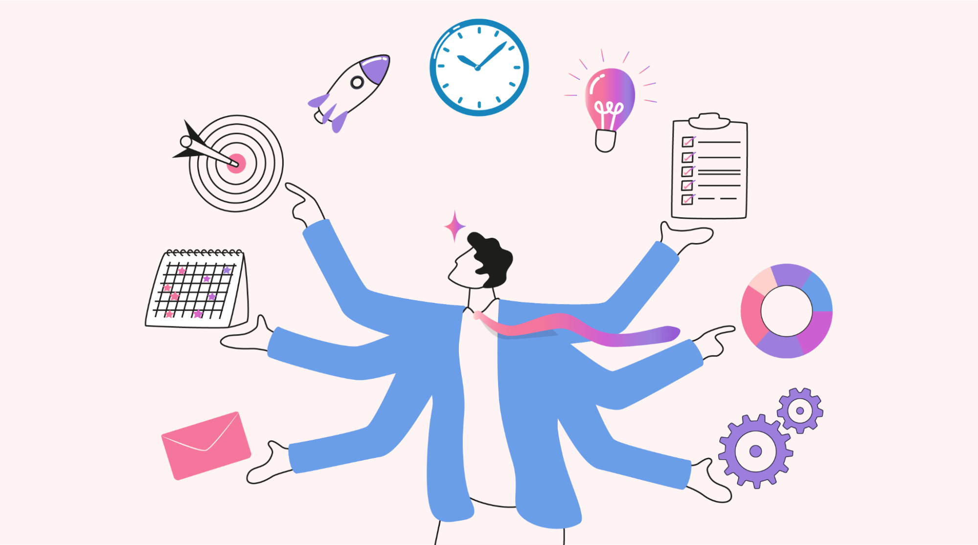 A business owner juggling multiple icons of business management