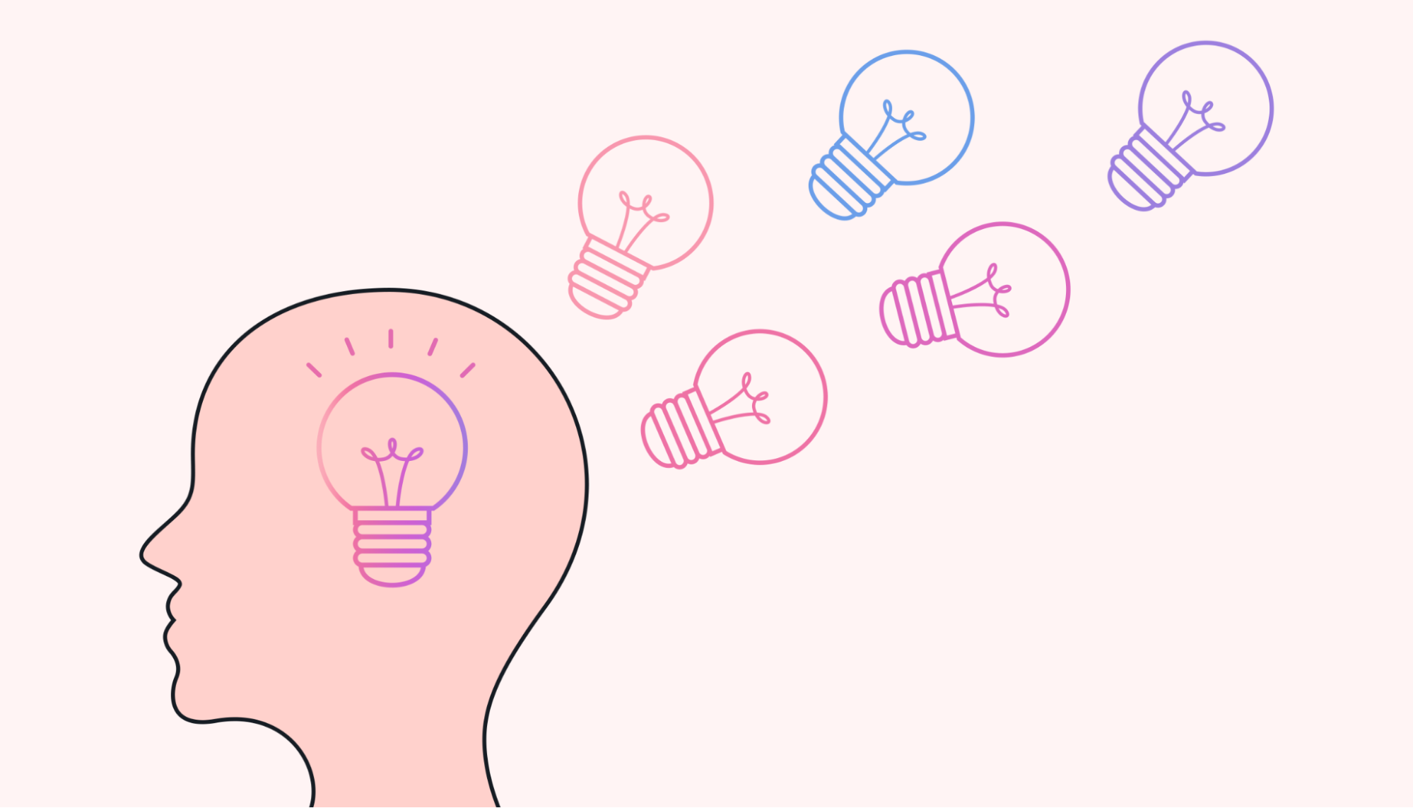 A head with a light bulb as the brain and multiple bulbs flying out of the head like ideas