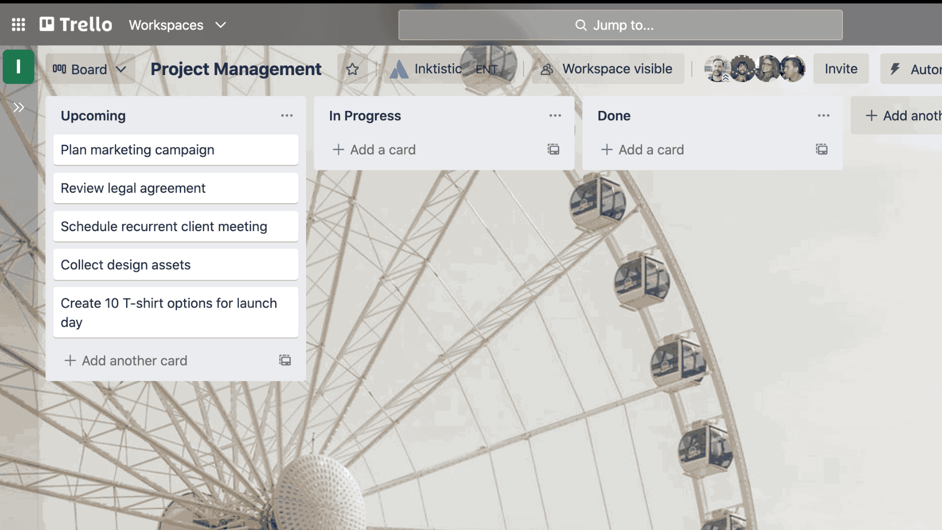 Screenshot of a Trello workspace with tasks.