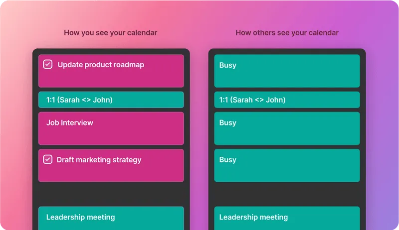 A side by side view of your calendar view and public calendar view with Motion
