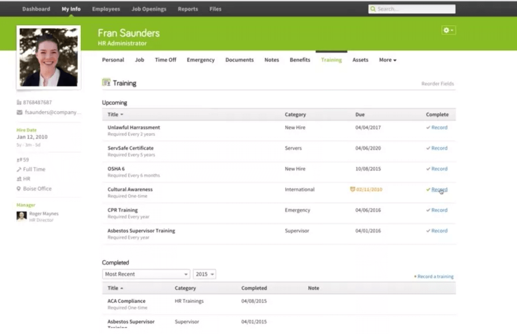 BambooHR interface dashboard