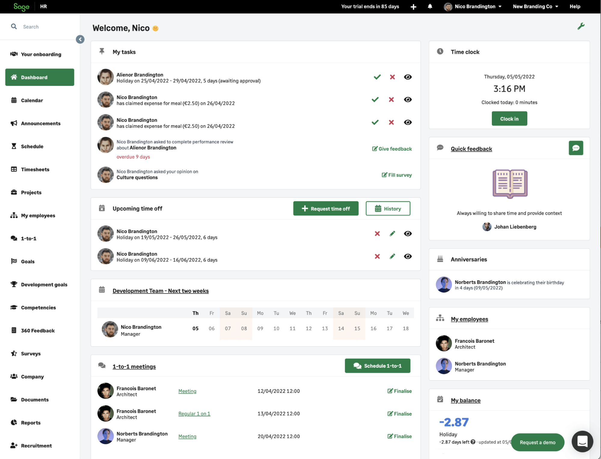 Sage HR interface dashboard