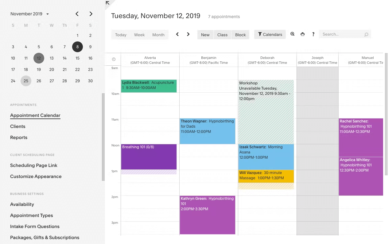 Acuity Scheduling interface dashboard