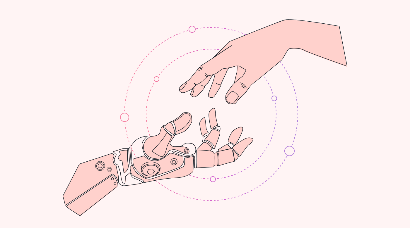 A handshake between a person and an AI bot