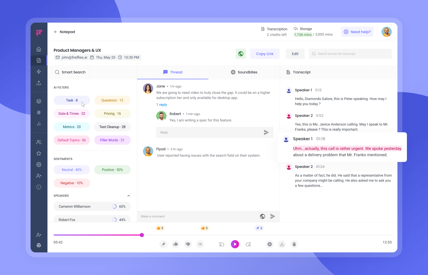 The Fireflies AI meeting assistant home screen