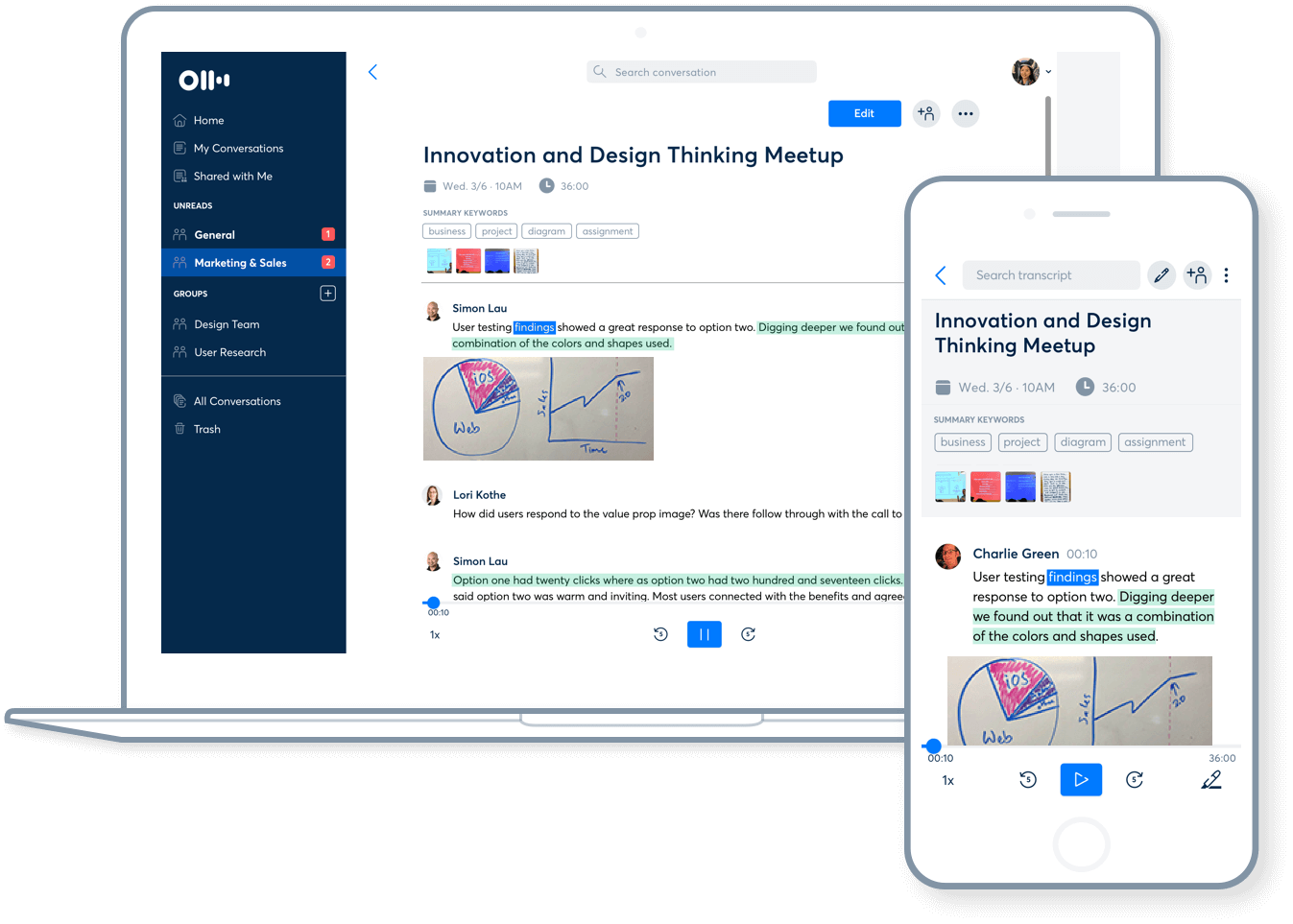 The Otter AI meeting desktop and mobile meeting user interface.