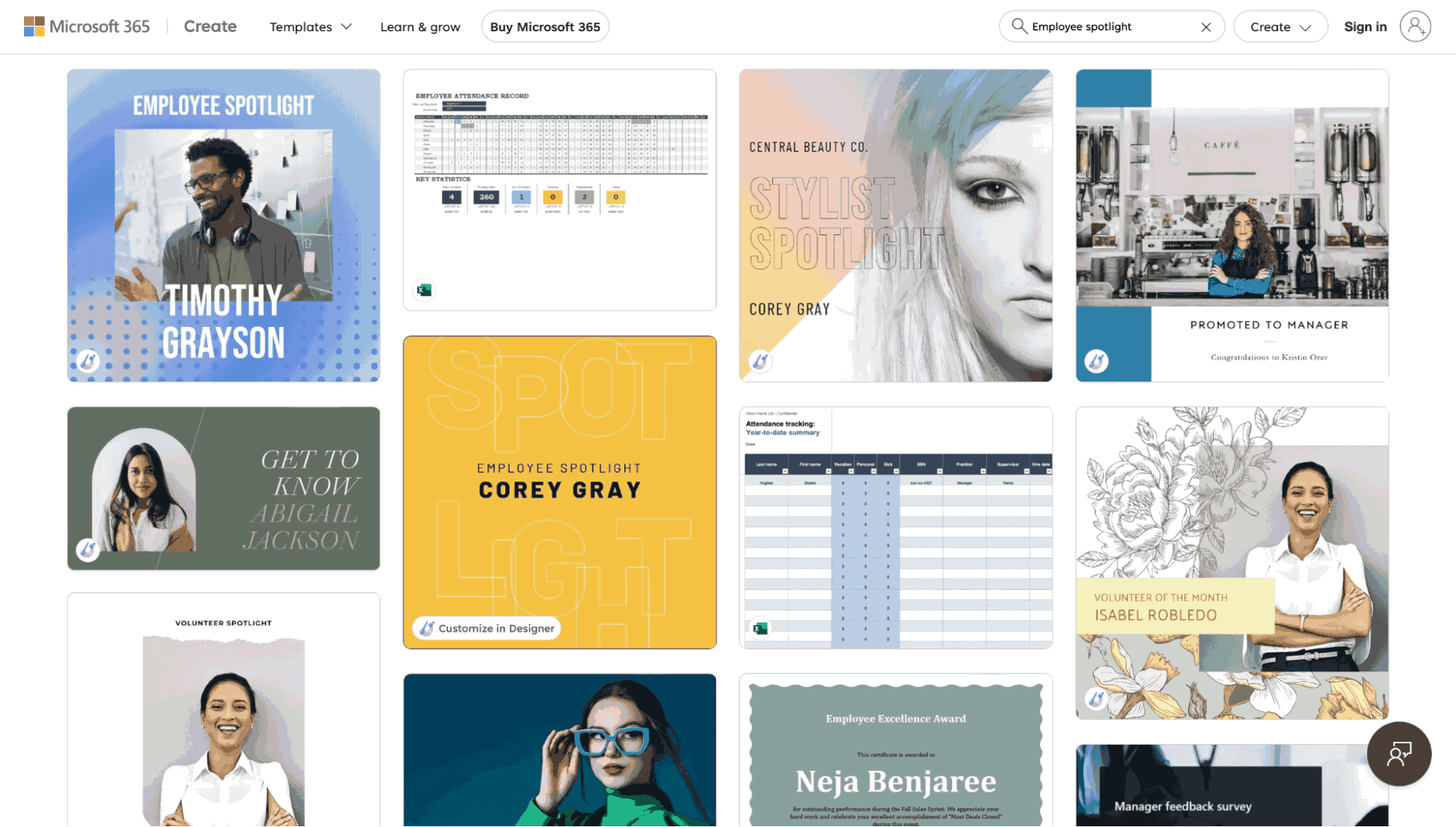 Gallery of Microsoft 365 employee spotlight templates.
