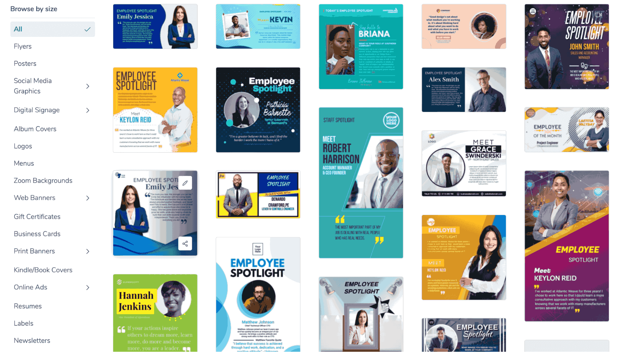 Gallery of PosterMyWall employee spotlight templates.