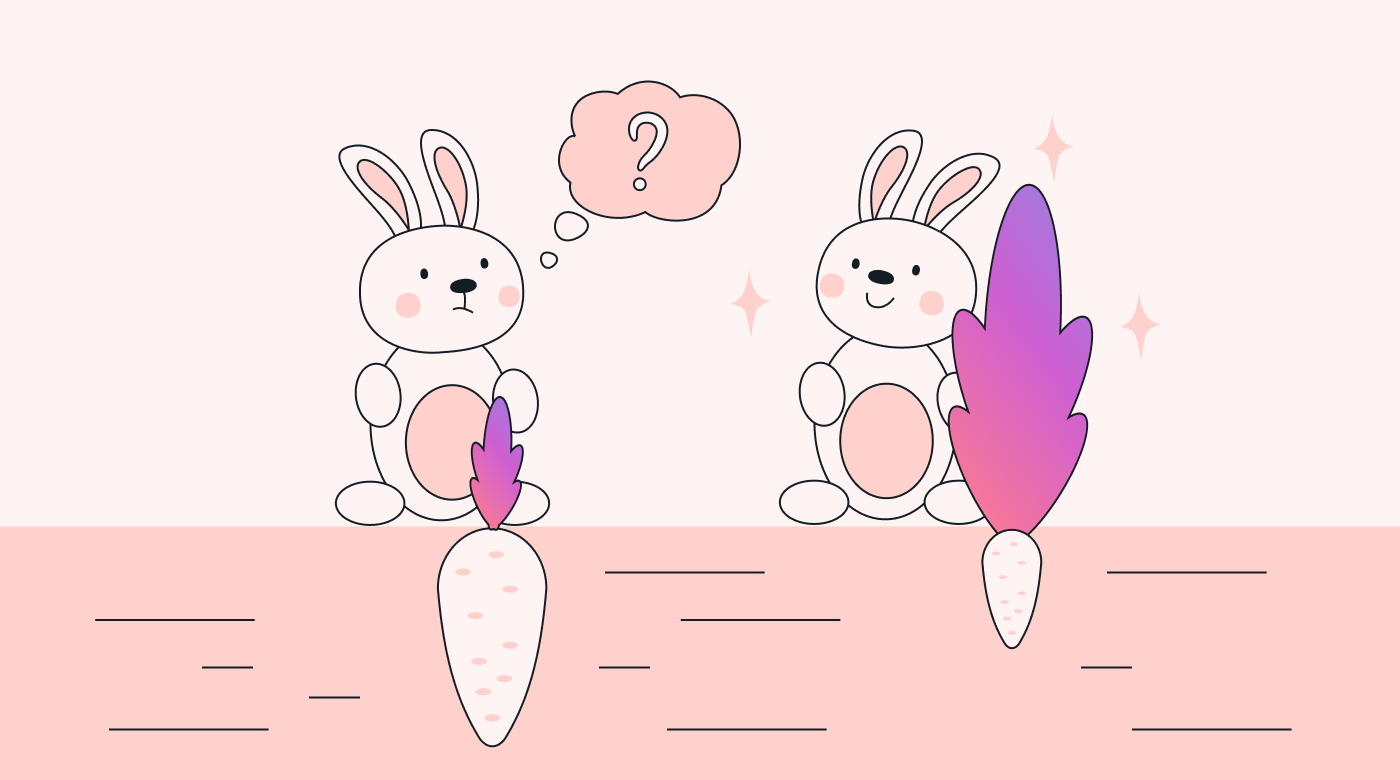 Rabbits standing next to carrots of different sizes