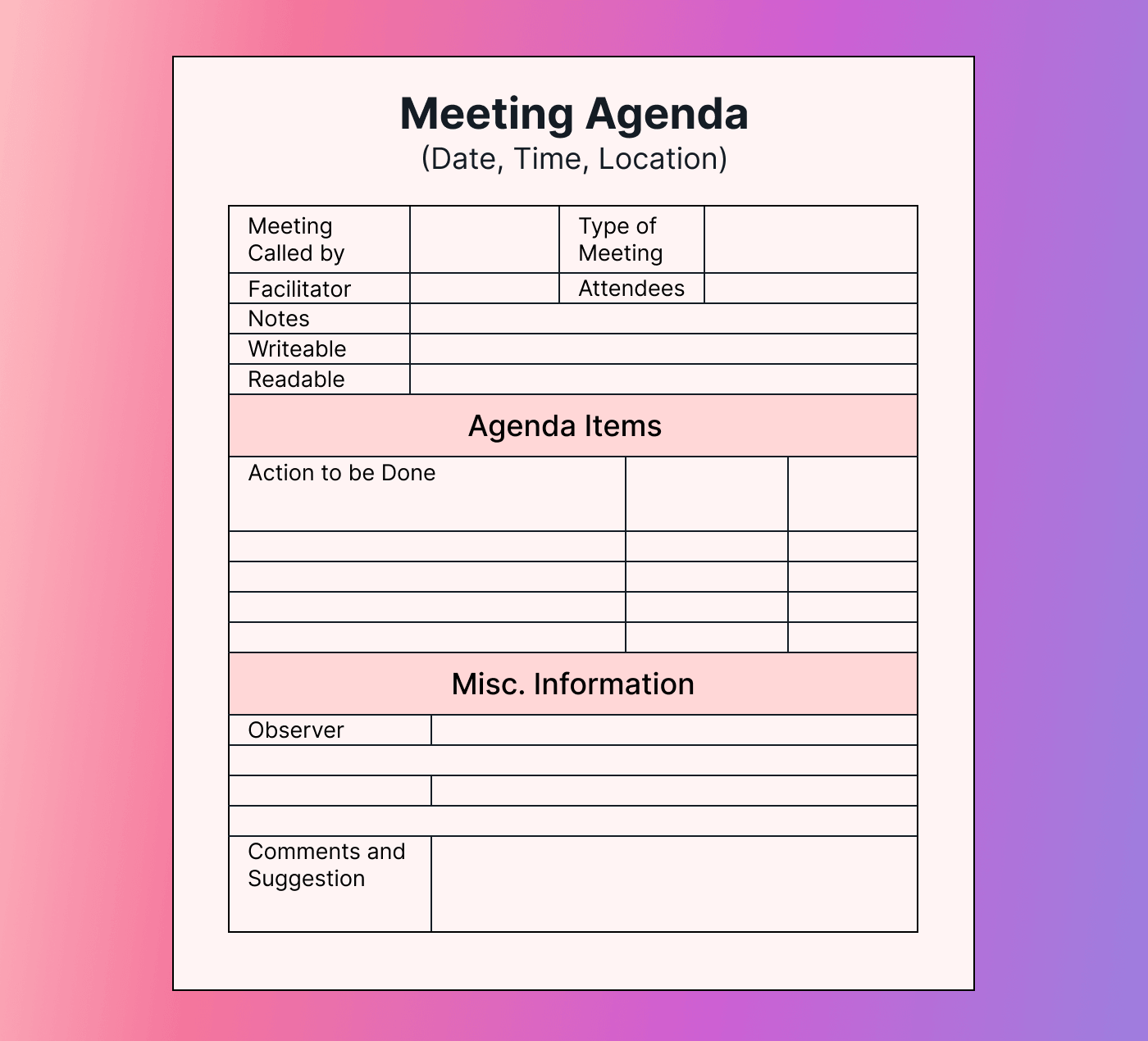 An example of a team meeting agenda in cartoon style