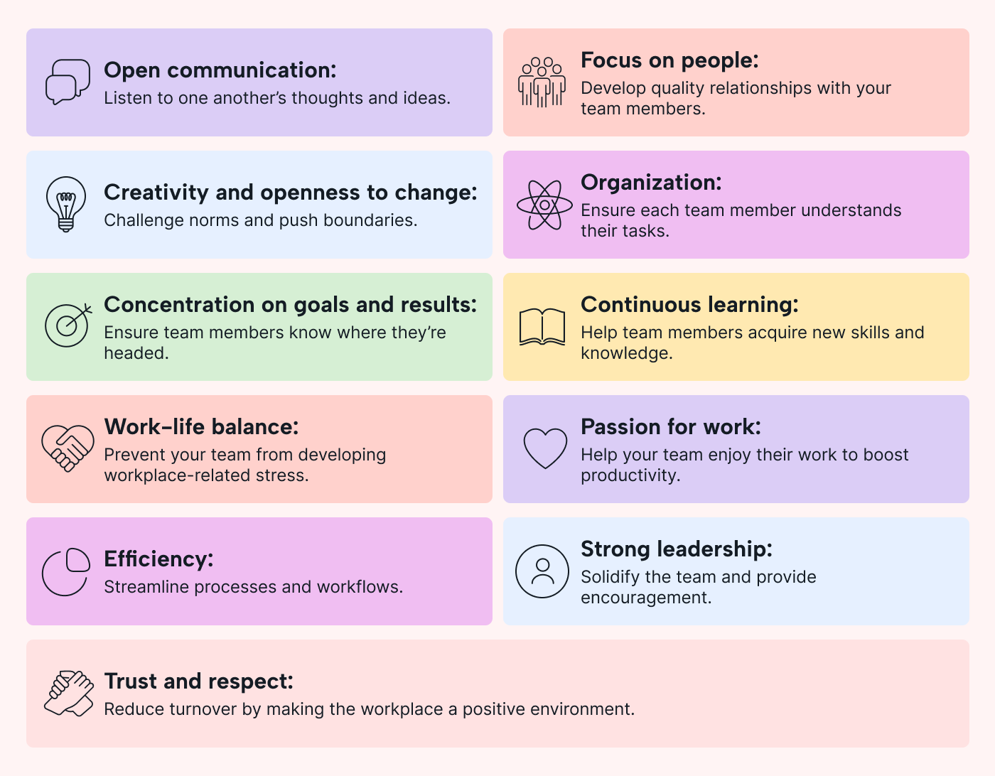 Descriptions of 11 team value examples.