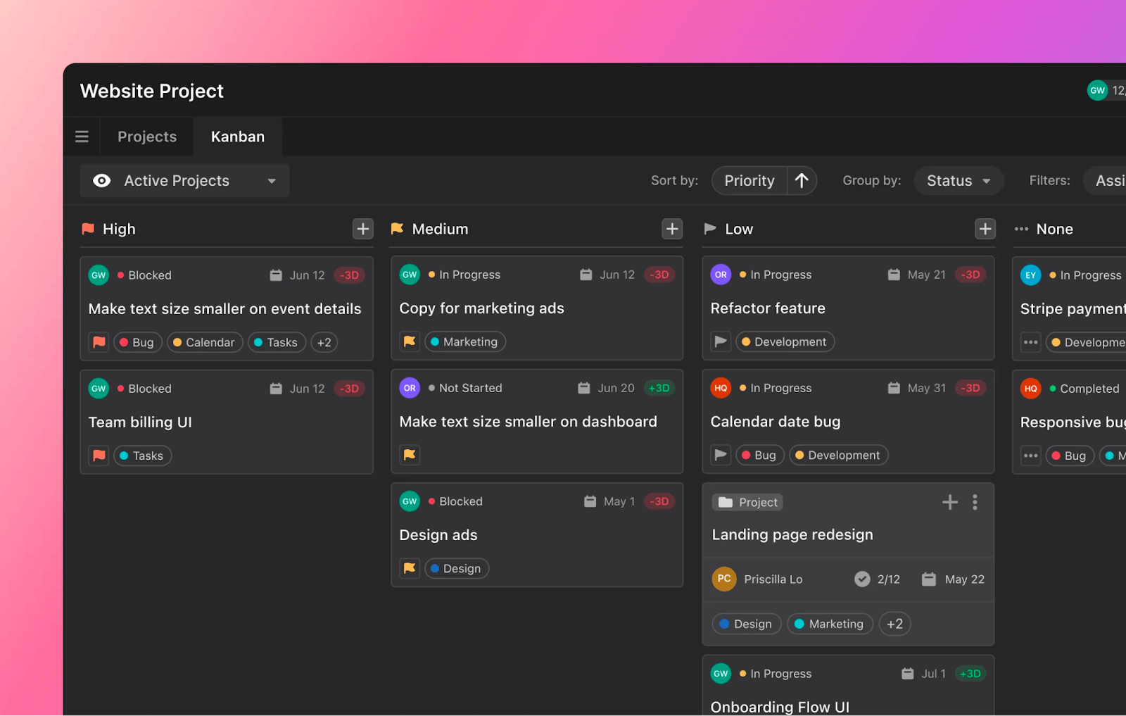 website project on Motion dashboard