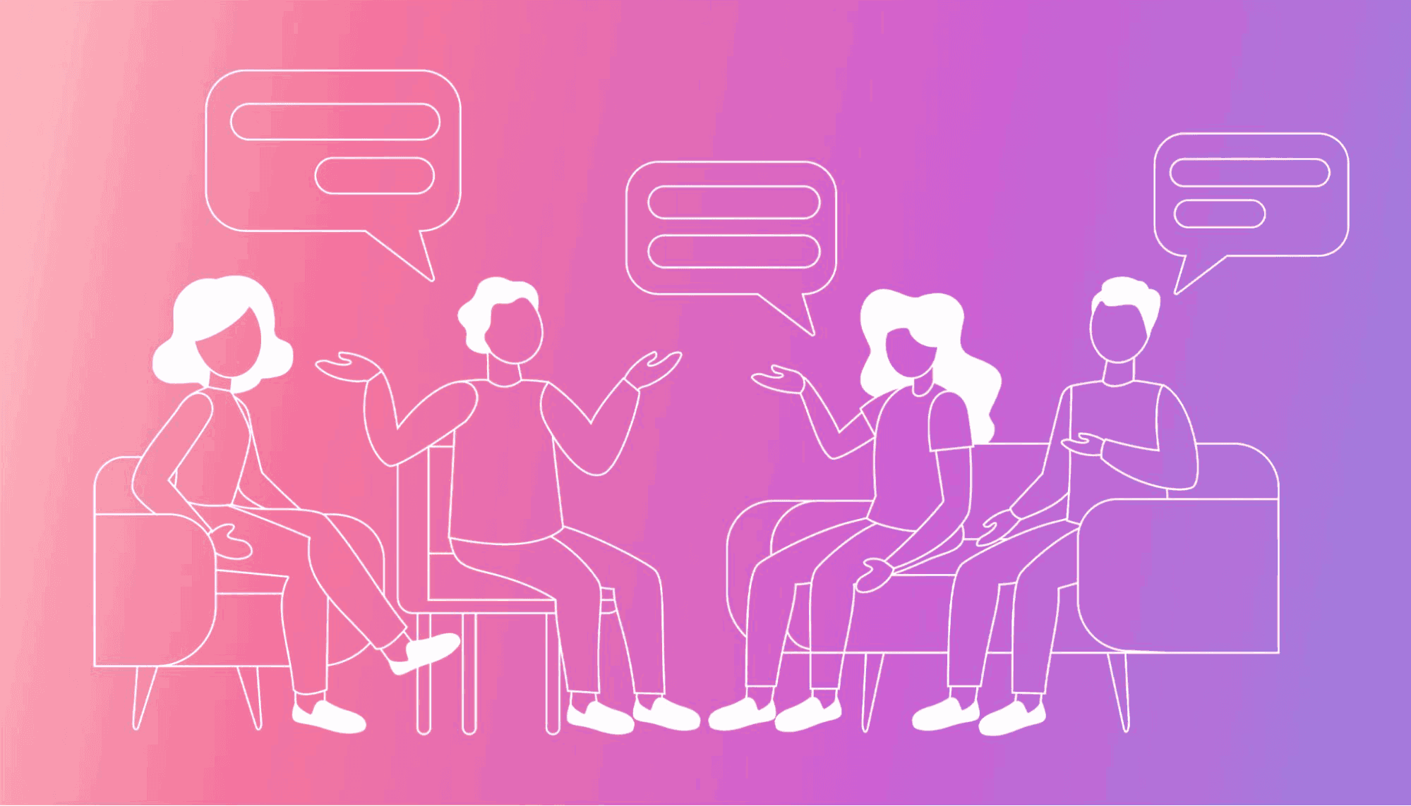 Four staff members in a meeting with speech bubble above them