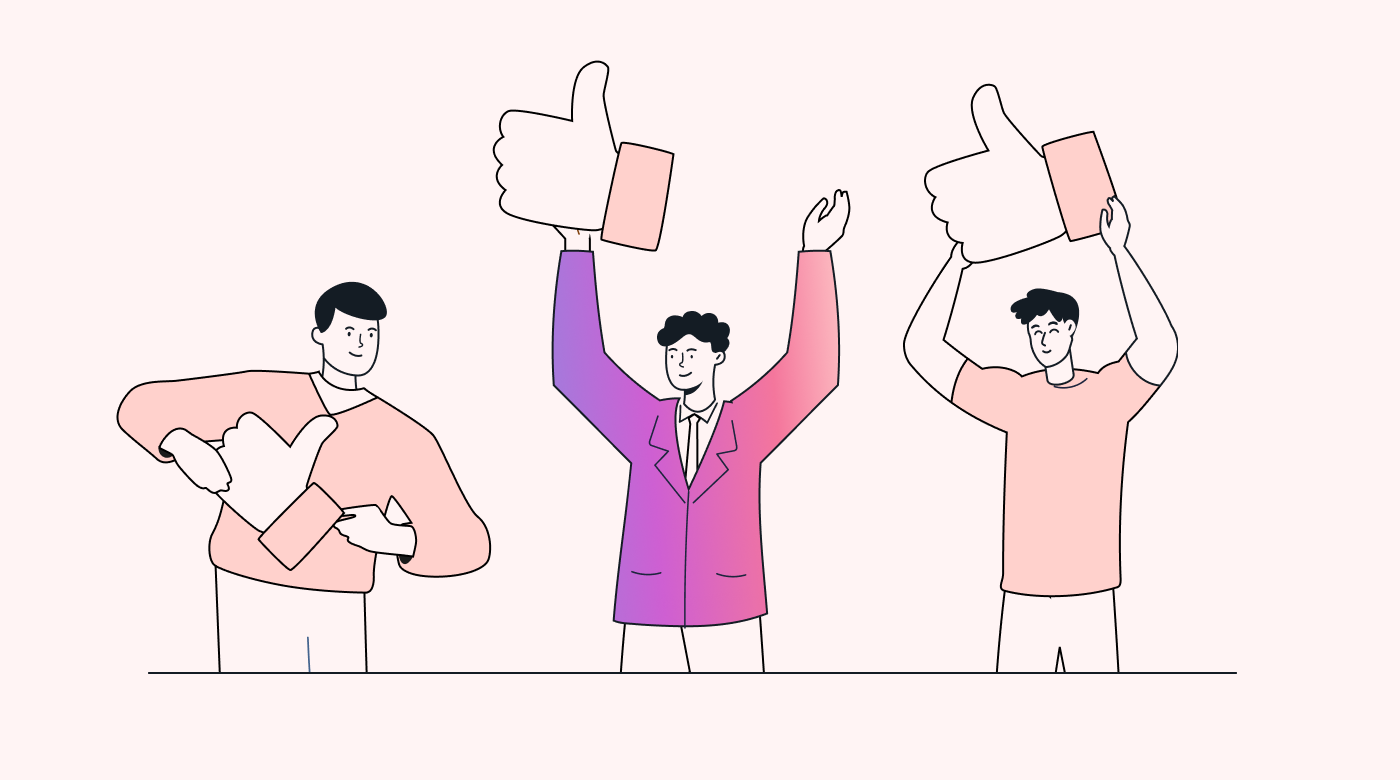 A team of employees with big thumbs up icons to represent feedback