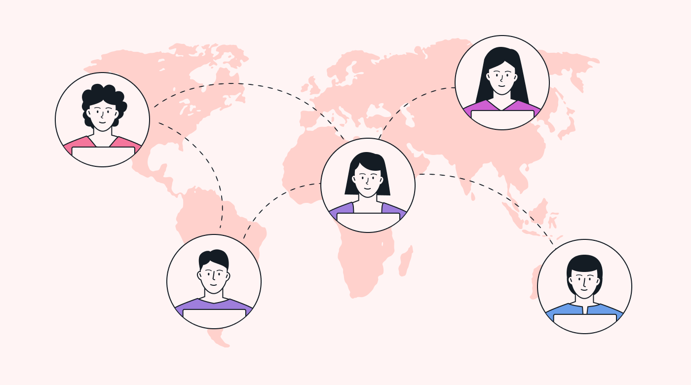 A world map with employees working in different locations around the world.