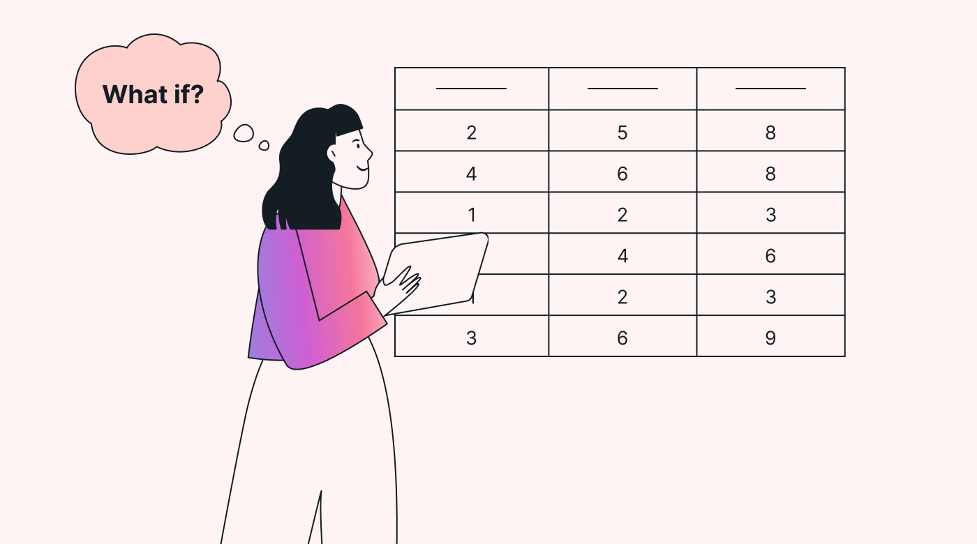 Person looking at a table of figures with a “What if?” thought bubble above their head.