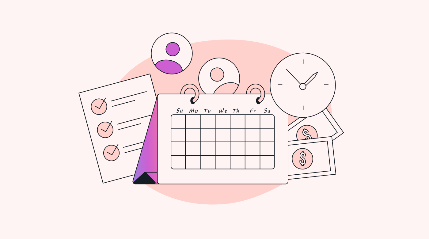 A calendar with a task list, clock, and money