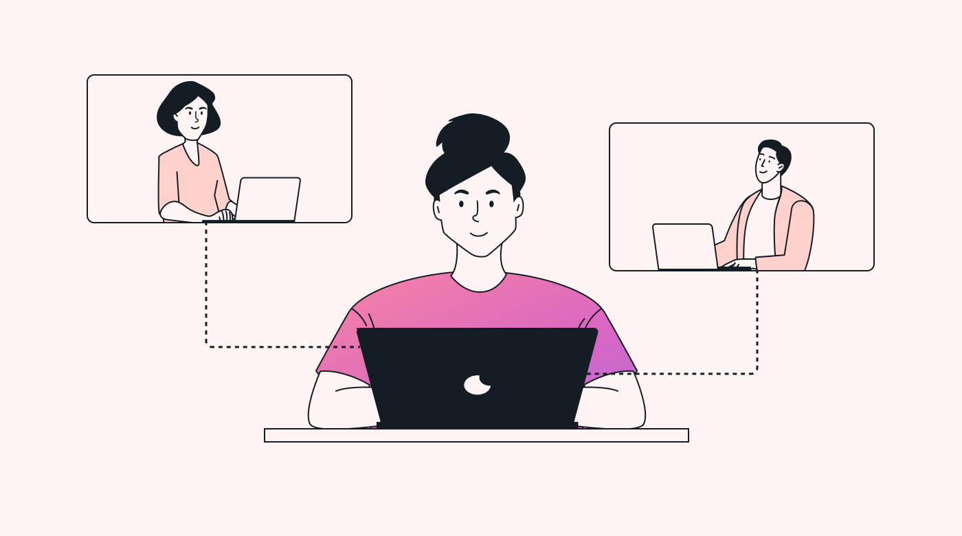 A person at a laptop connected to two other people at a laptop
