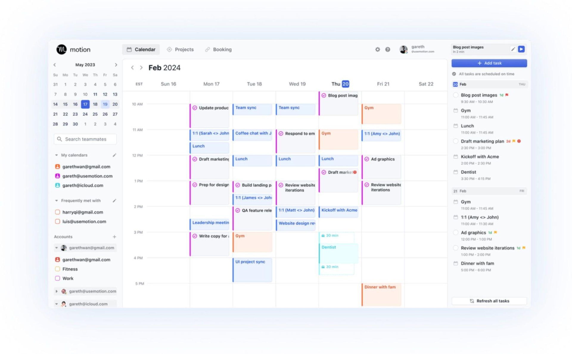 A screenshot showing the calendar view for task management in Motion