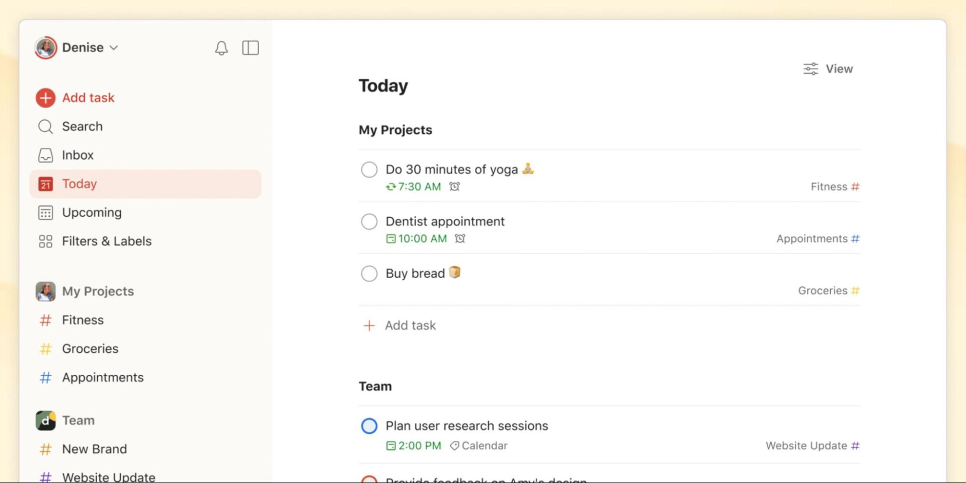 A screenshot of the main dashboard in Todoist