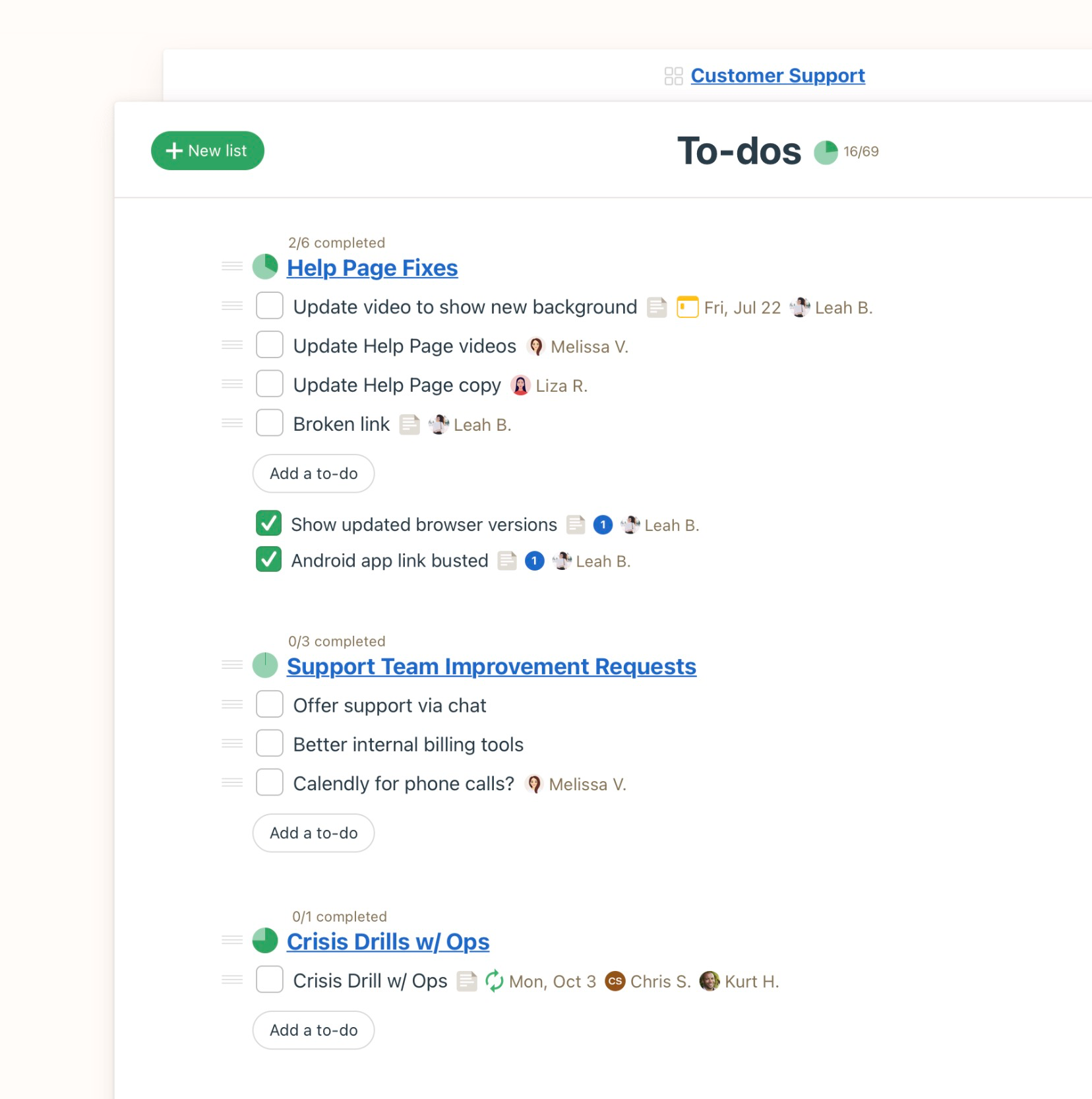 A screenshot showing to-do lists in Basecamp
